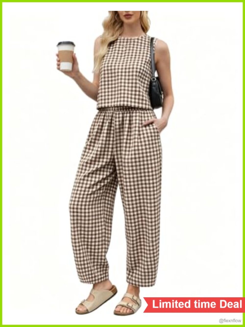 Womens Gingham 2 Piece Summer Matching Set Cotton Linen Sleeveless Top Wide Leg